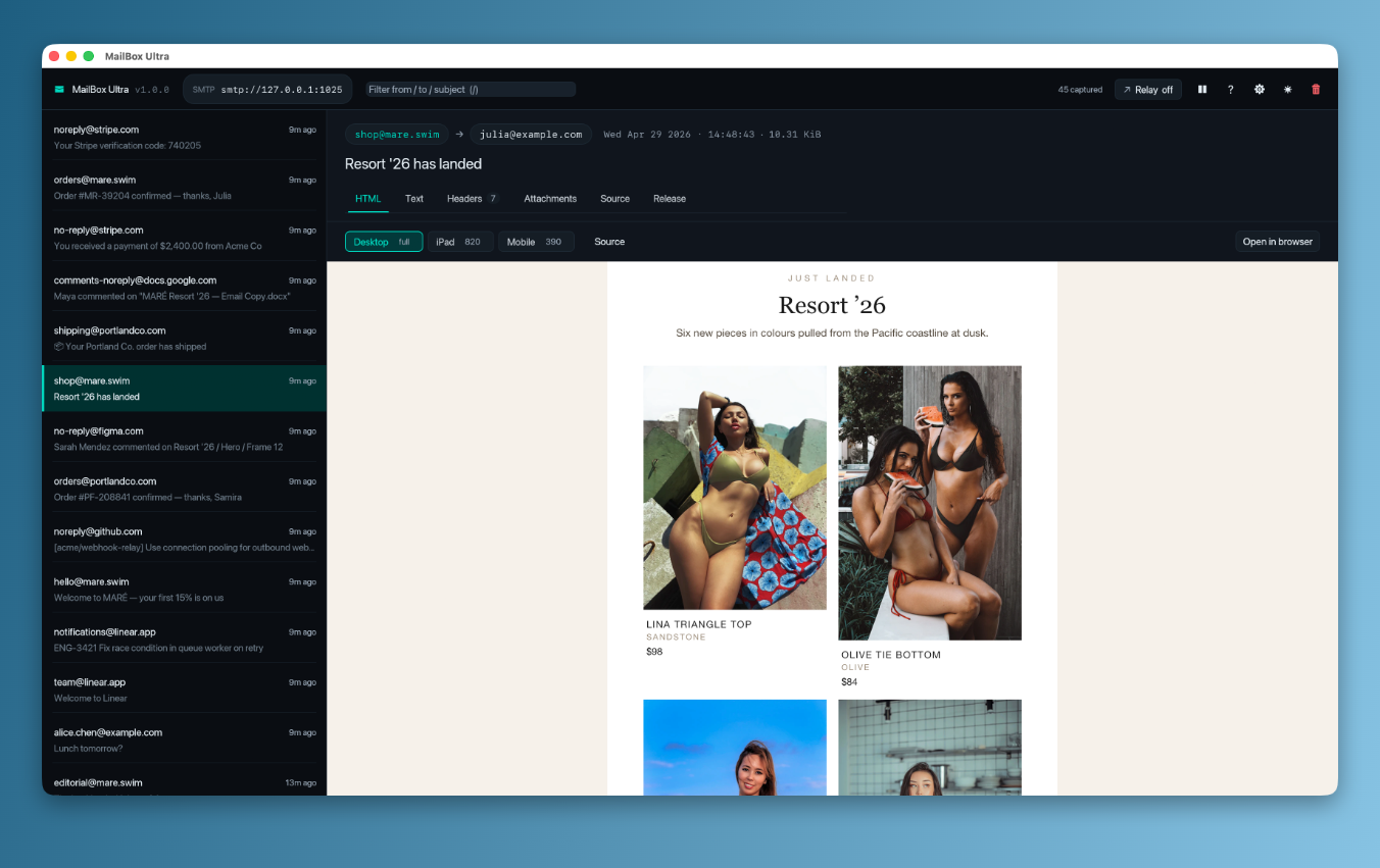 MailBox Ultra showing a captured marketing email rendered in the desktop preview, with a sidebar of captured messages from Stripe, GitHub, Figma, and a fictional bikini brand