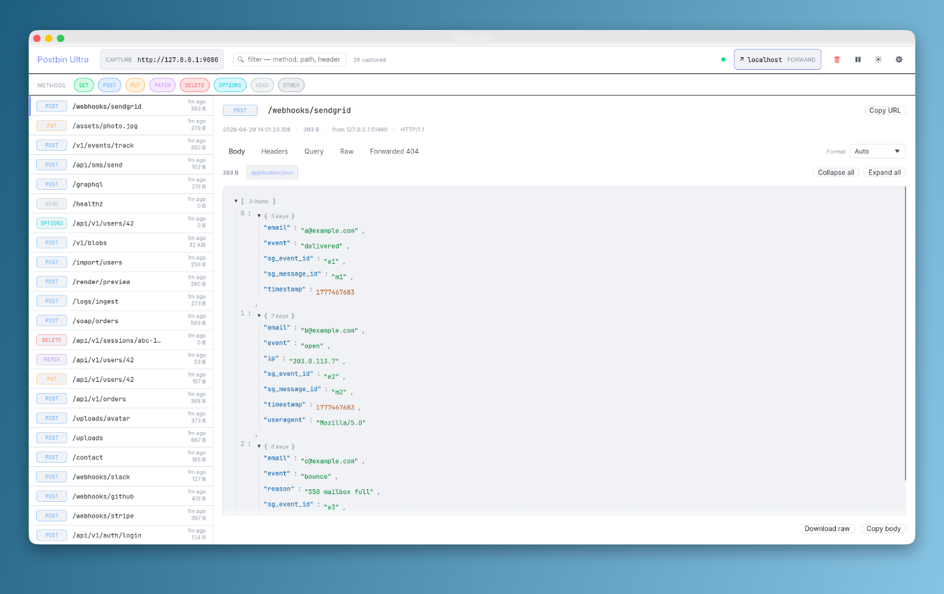 Postbin Ultra in light mode — captured SendGrid webhook with a JSON tree of three event entries (delivered, open, bounce)