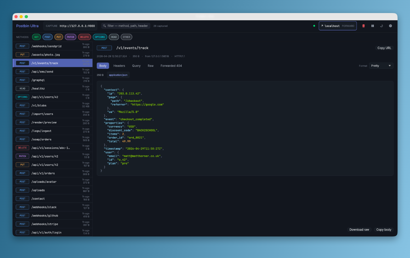 Postbin Ultra desktop app — sidebar of captured webhooks on the left, an analytics event body rendered as a syntax-highlighted JSON tree on the right, with the Forwarded tab showing the upstream 404